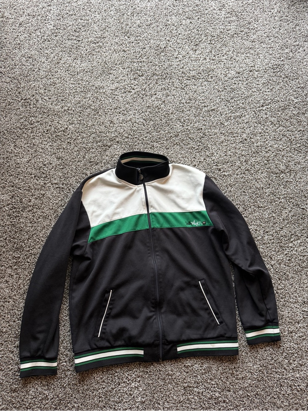Quiksilver Black, White and Green Bomber-Style Track Jacket